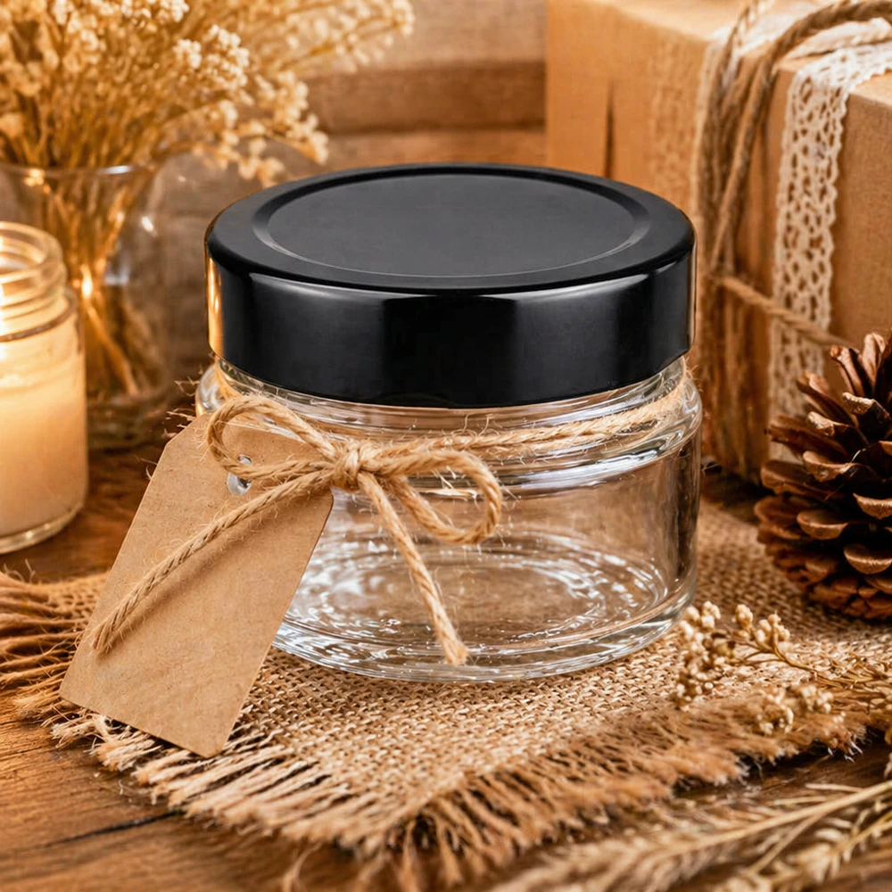 Tarro redondo de 80ml + tapa BasicSeal negro profundo UNiTWIST Tarro de cristal redondo 80ml tarro cosmético transparente negro decorado con cinta de regalo decoración natural BasicSeal