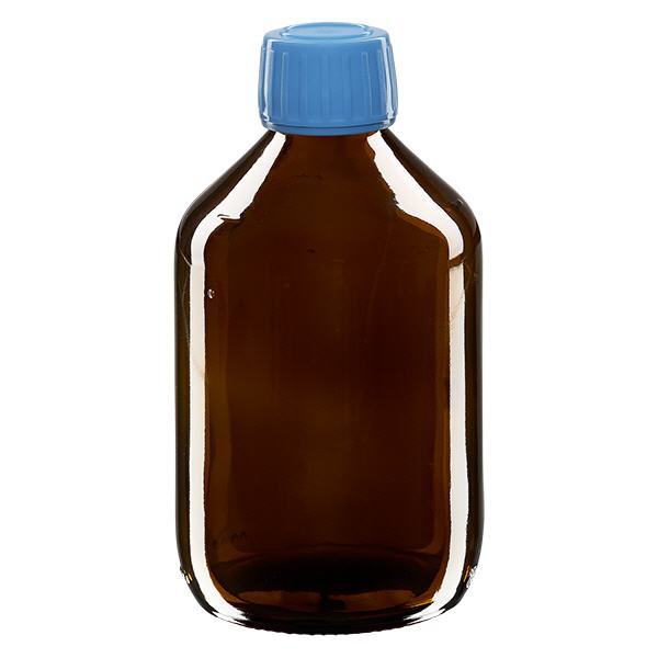 Frasco medicamento 300ml marrón, tapón azul con precinto de seguridad ApoGlas Frasco medicamento 300ml marrón, tapón azul con precinto de seguridad ApoGlas