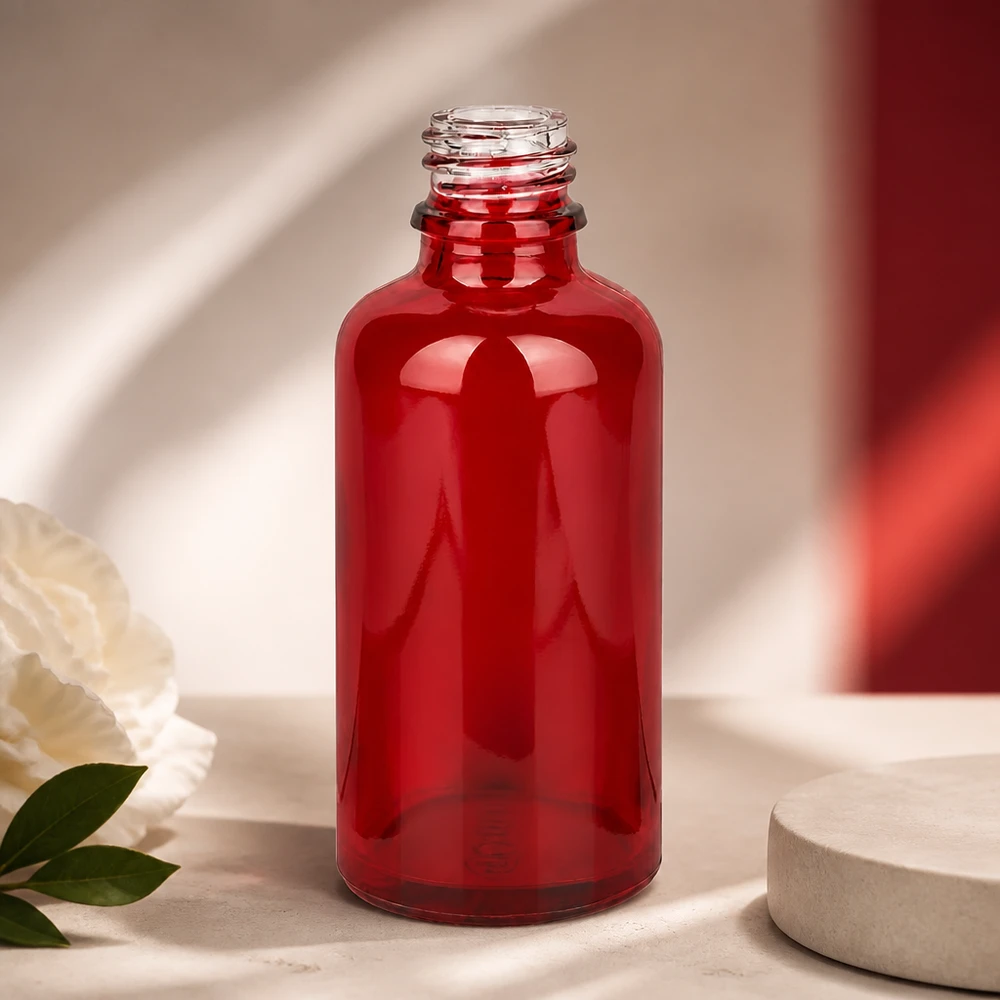 Botella de vidrio rojo transparente RedLine UT18/50 UNiTWIST con una visión clara del contenido
