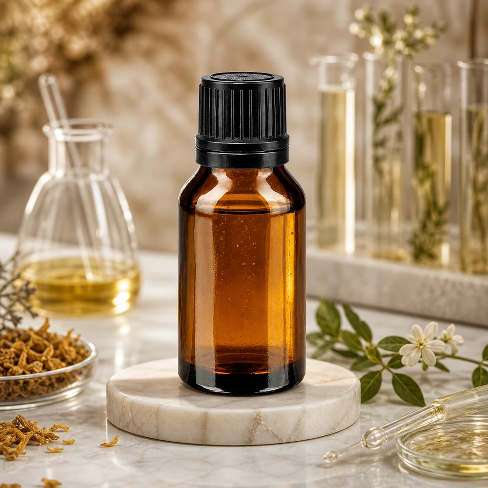 Frasco de farmacia de 15 ml de vidrio marrón con tapón de plástico negro sobre una base de mármol con hierbas