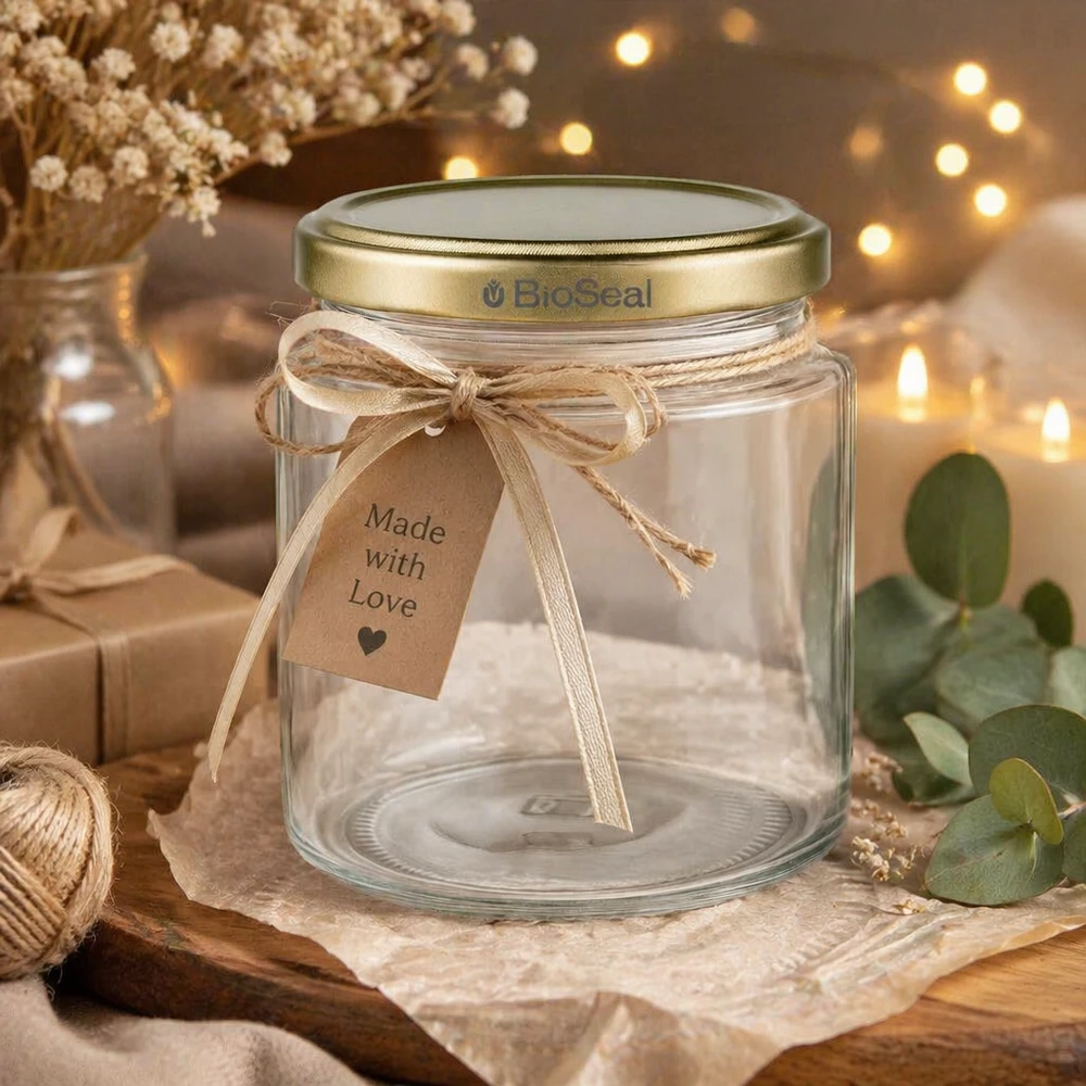 Tarro para miel de 350 g con tapa dorada BioSeal UNiTWIST Leeres 250ml BioSeal Honigglas dekorativ arrangiert mit Geschenkband und Made with Love Anhänger, goldener UNiTWIST Deck