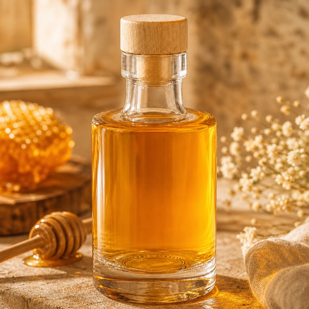 Botella de cristal de 100 ml Marie con tapón de madera llena de miel junto a un panal y una cuchara de miel en una mesa rústica de madera