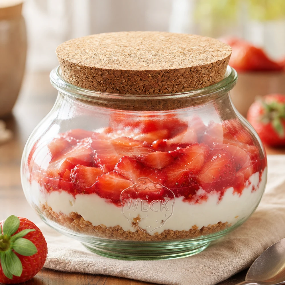 WECK tarro decorativo 560ml RR80 con corcho como tarro de postre para yogur de fresa presentación en capas postre de cocina