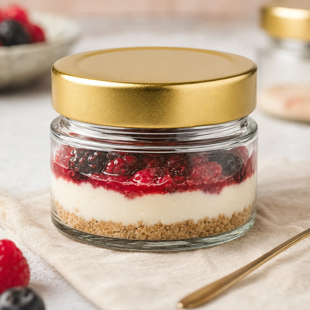 Tarro redondo de 80ml con tapa BasicSeal dorado profundo UNiTWIST 80ml Rundglas mit BasicSeal Deckel gold deep als Dessertglas mit Cheesecake und Beeren in eleganter Tischdeko