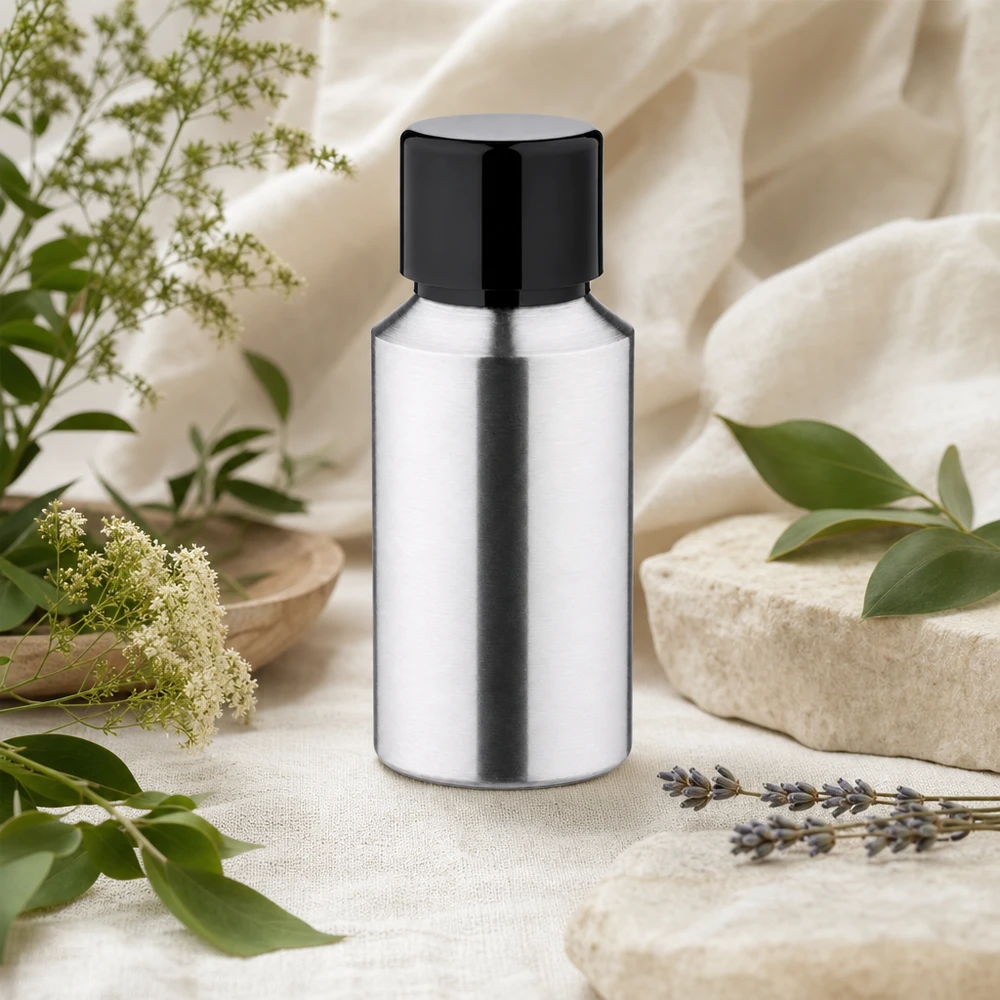 Botella de aluminio pulido de 30 ml con tapón de rosca Frasco de aluminio de 30 ml de alta calidad con superficie de acabado espejo y tapón negro para productos de primera calidad