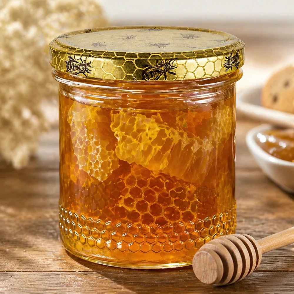 Tarro para miel de 560 g con tapa con diseño de panal BasicSeal UNiTWIST Tarro de miel de 400 ml con contenido de panal y tapa BasicSeal, cuchara de miel de madera, auténtica presentación apícola