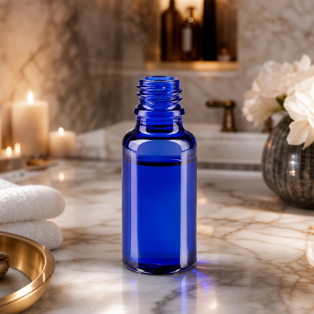 Elegante frasco ApoGlas de 20 ml en azul intenso para aplicaciones profesionales de cosmética y bienestar