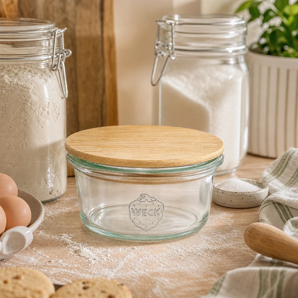 Tarro mini WECK RR60 de 50ml con tapa de madera WECK Mini Sturzglas 50ml mit Bambusdeckel in gemütlicher Backstube zwischen Mehl, Eiern und Backutensilien auf Holzbrett
