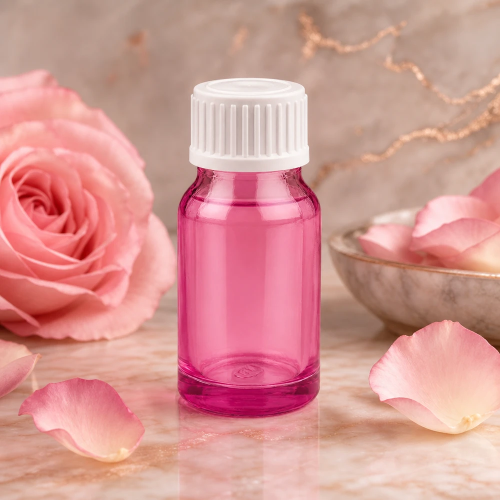 Pequeño frasco de vidrio de 10 ml en color violeta con práctico tapón cuentagotas para aplicaciones de aromaterapia