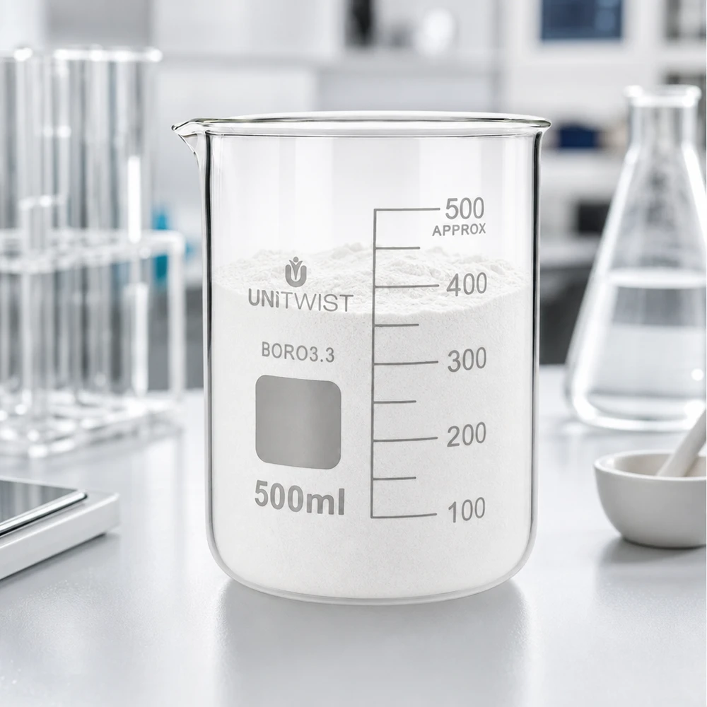 Vaso 500 ml borosilicato, molde bajo UNiTWIST Vaso de precipitados UNiTWIST de 500 ml de BORO3.3, lleno de polvo blanco, en un entorno de laboratorio