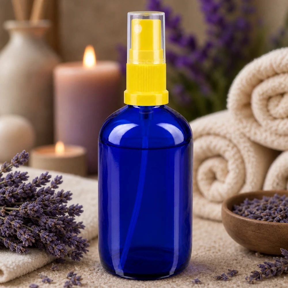 Pequeño frasco de cristal azul de 100 ml con pulverizador amarillo, rodeado de lavanda y velas