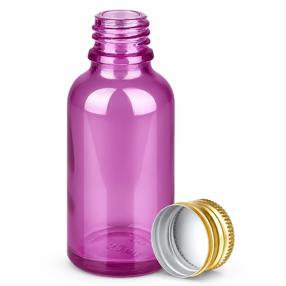 Frasco gotero de vidrio violeta de 30 ml con rosca de 11 mm y tapa de aluminio dorado para aceites esenciales