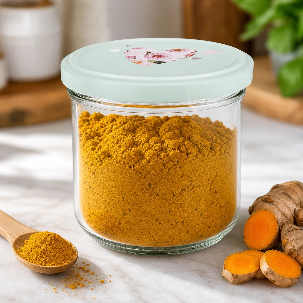 Tarro de 260 ml con tapa BasicSeal lleno de cúrcuma en polvo, raíces frescas de cúrcuma y cuchara de madera al lado