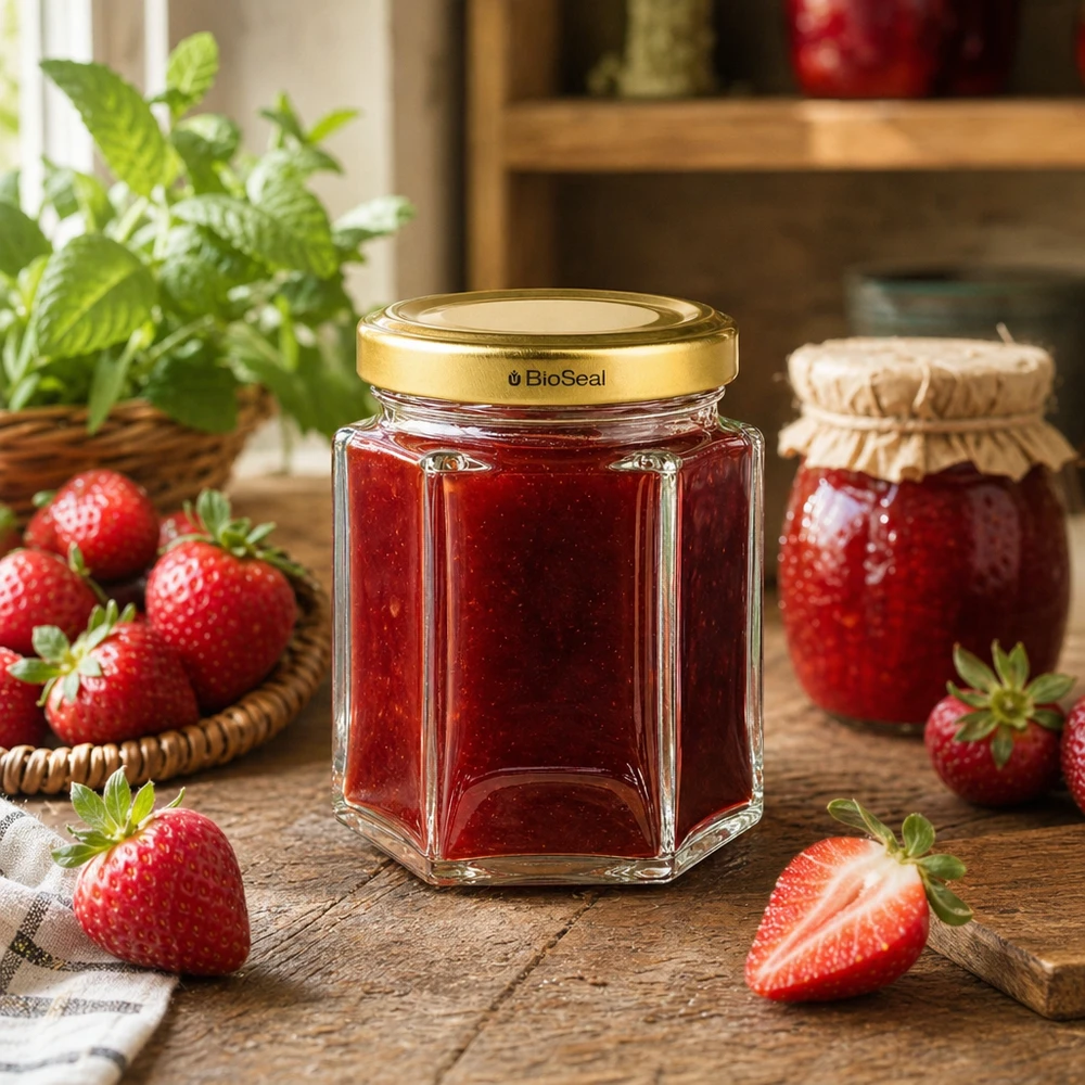 Tarro para miel de 60 g con tapa dorada BioSeal UNiTWIST Tarro de miel BioSeal de 60 g relleno de mermelada de fresa en una escena de cocina con fresas frescas y menta