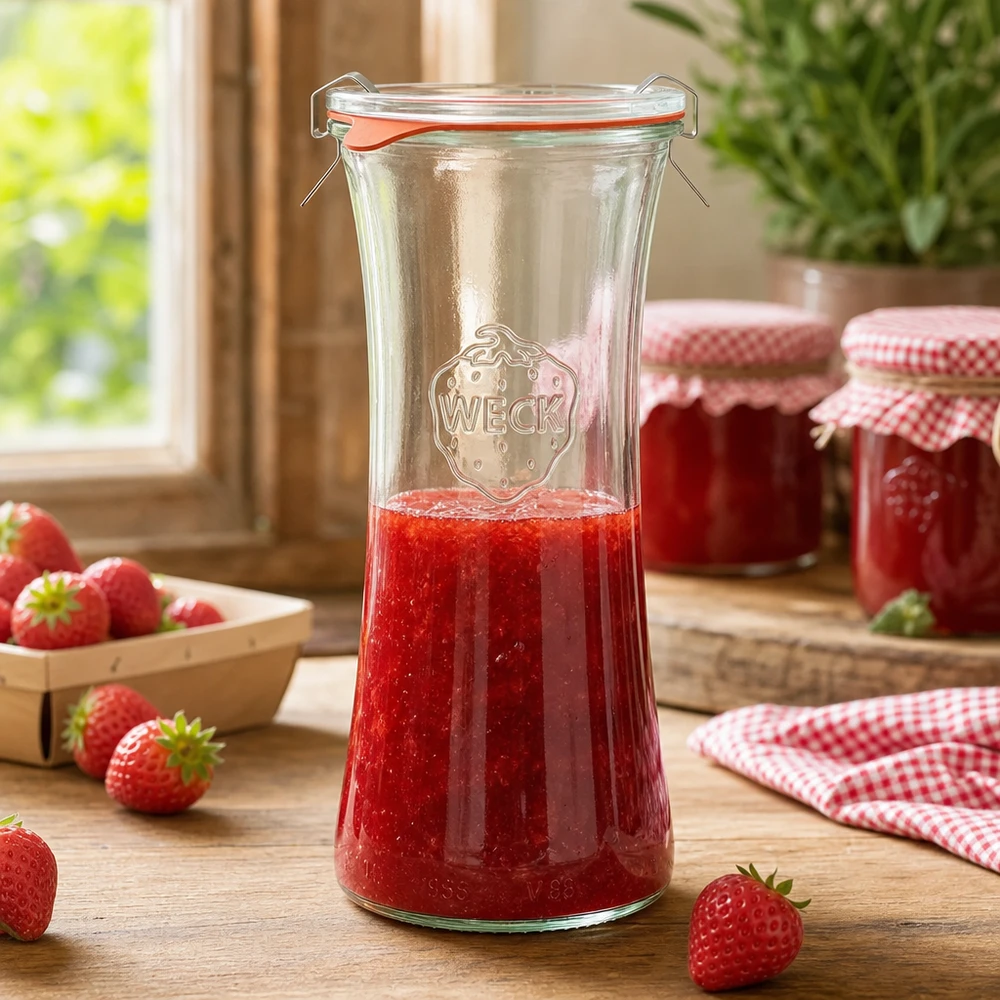 WECK RR80 Tarro de delicatessen de 700 ml lleno de mermelada de fresa, tarro de conserva con tapa abatible en escena de cocina