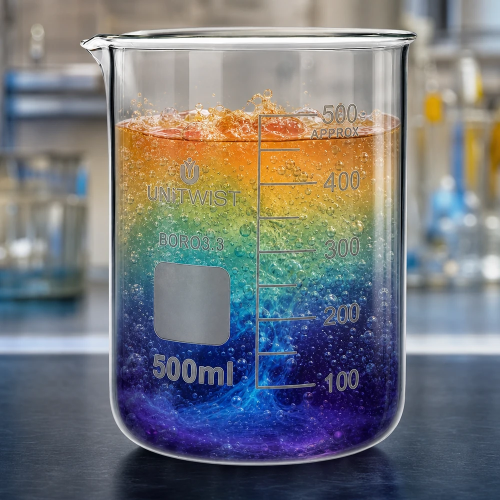 Vaso de cristal UNiTWIST de 500 ml, de borosilicato, de forma baja, con un colorido efecto arcoíris en su interior