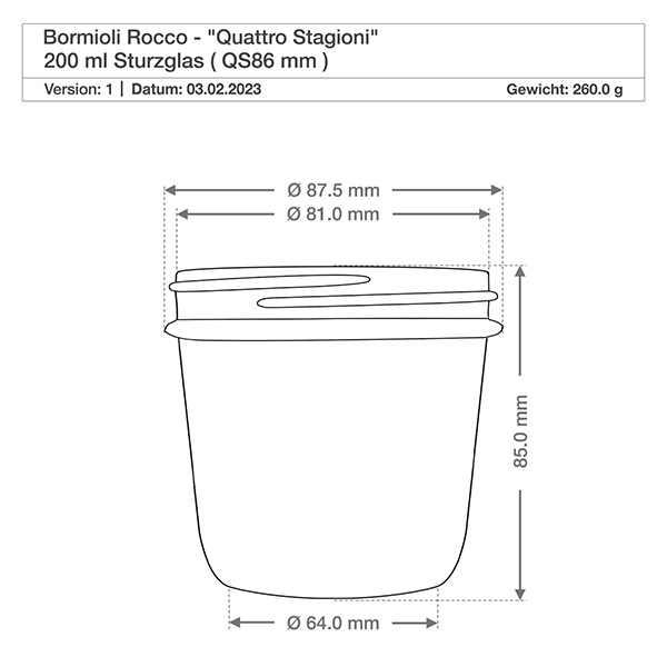 Vasos "Quattro Stagioni" de 200 ml con tapa Vasos Quattro Stagioni 200ml con tapa dimensiones 87,5mm diámetro 85mm altura dibujo técnico Bormioli Rocco