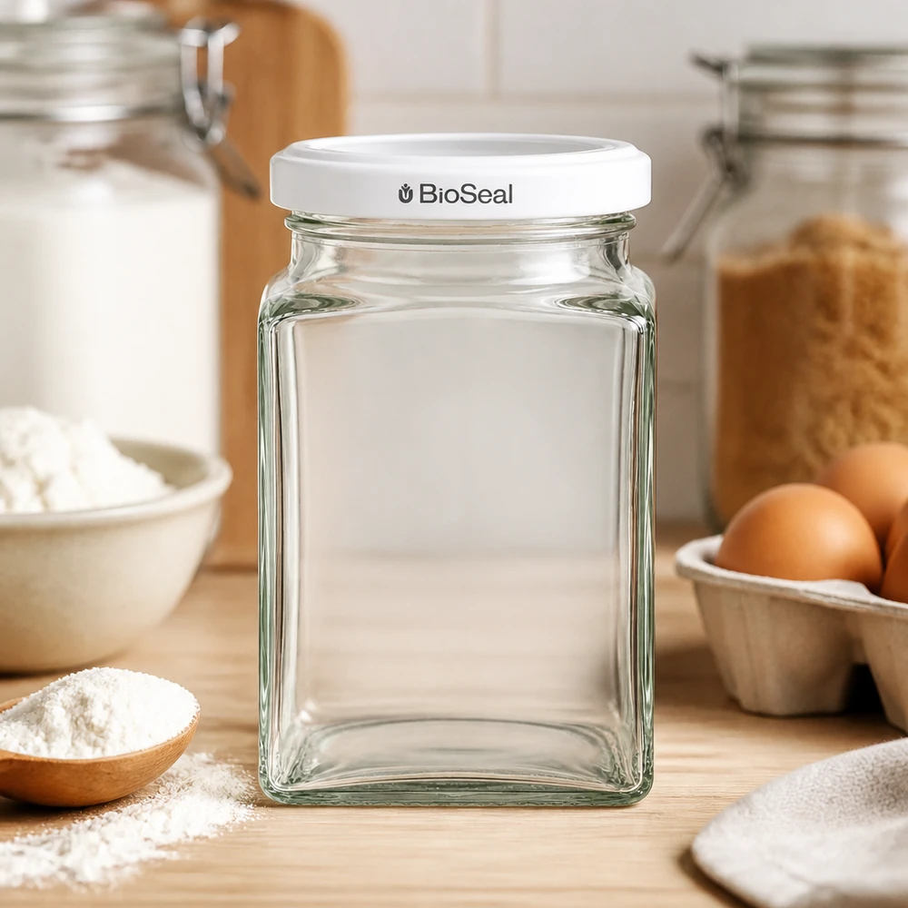 Tarro tetra 260ml + tapa BioSeal blanco UNiTWIST UNiTWIST Tetra260 Glasdose leer auf Holzbrett Küche Backzutaten Eier Mehl weißer TO58 BioSeal Deckel Backen