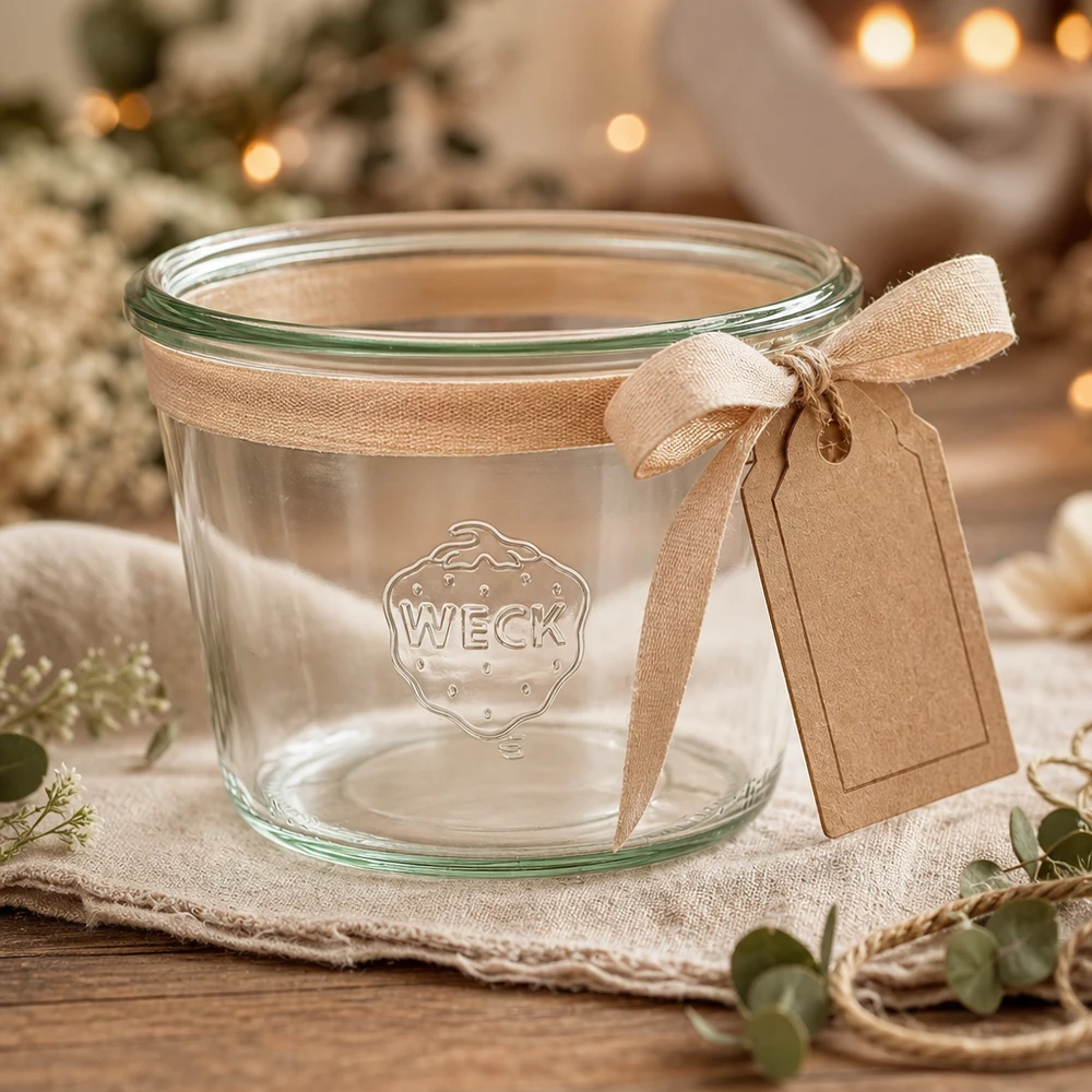 Tarro giratorio de 370ml WECK RR100 Vasos WECK 370ml RR100 decorados con lazo y colgante sobre una mesa de madera rústica