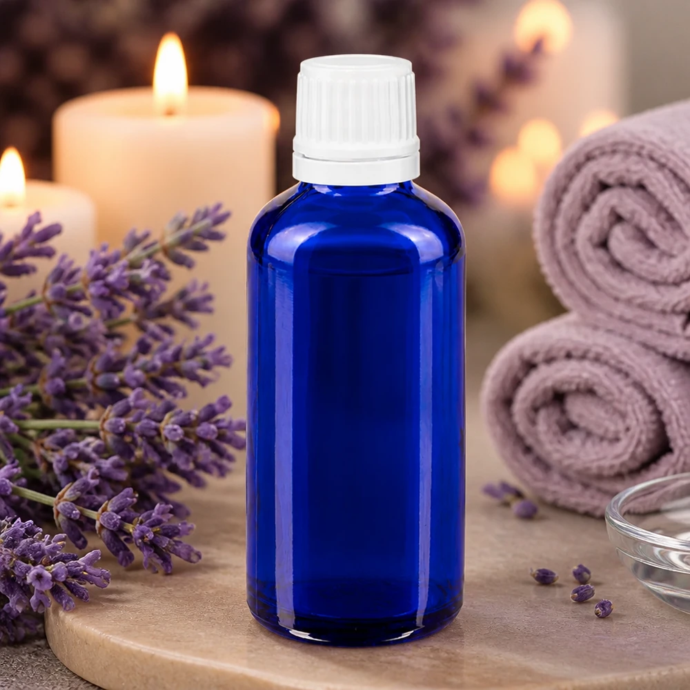 Frasco de cristal azul de 50 ml con tapón cuentagotas blanco, entre flores de lavanda y velas