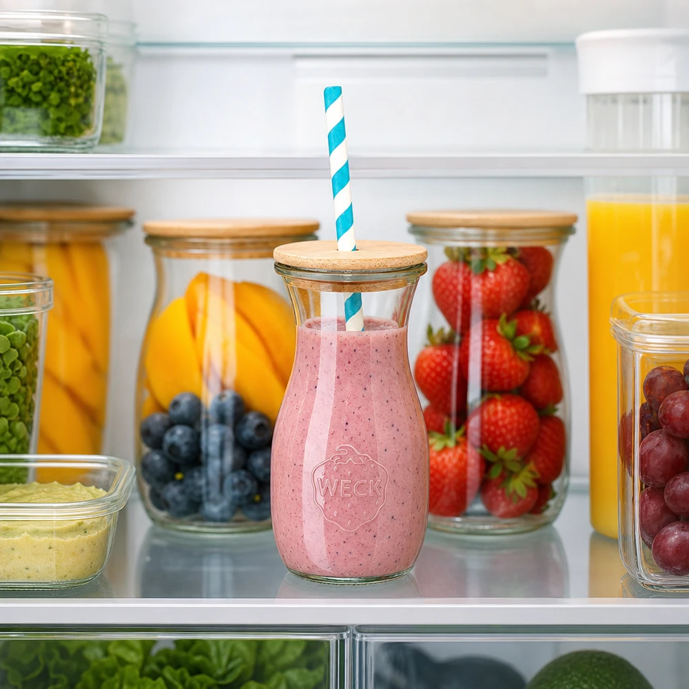 6 x WECK 290ml Saftflasche RR60 mit Holzdeckel und 100 Öko S WECK botella de zumo 290ml con batido de fresa en la nevera entre frutas frescas tapa de madera pajita de papel