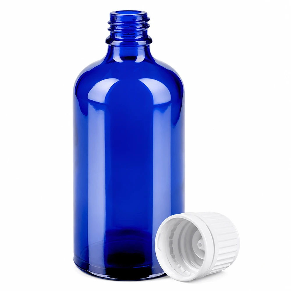 Botella de vidrio azul de 100 ml con tapón de rosca blanco de 11 mm para aceites esenciales y cosméticos