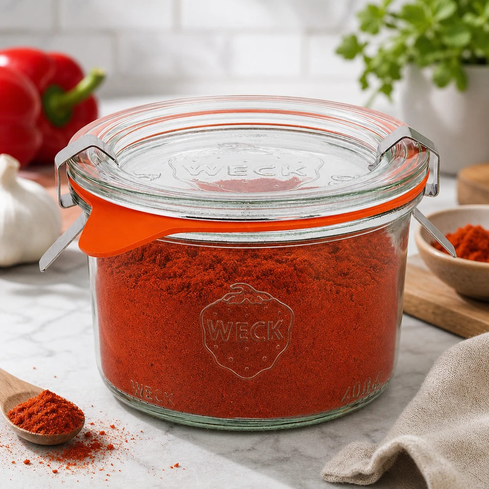 Los vasos WECK RR80 de 200 ml llenos de pimentón en polvo son perfectos para guardar especias en la cocina moderna