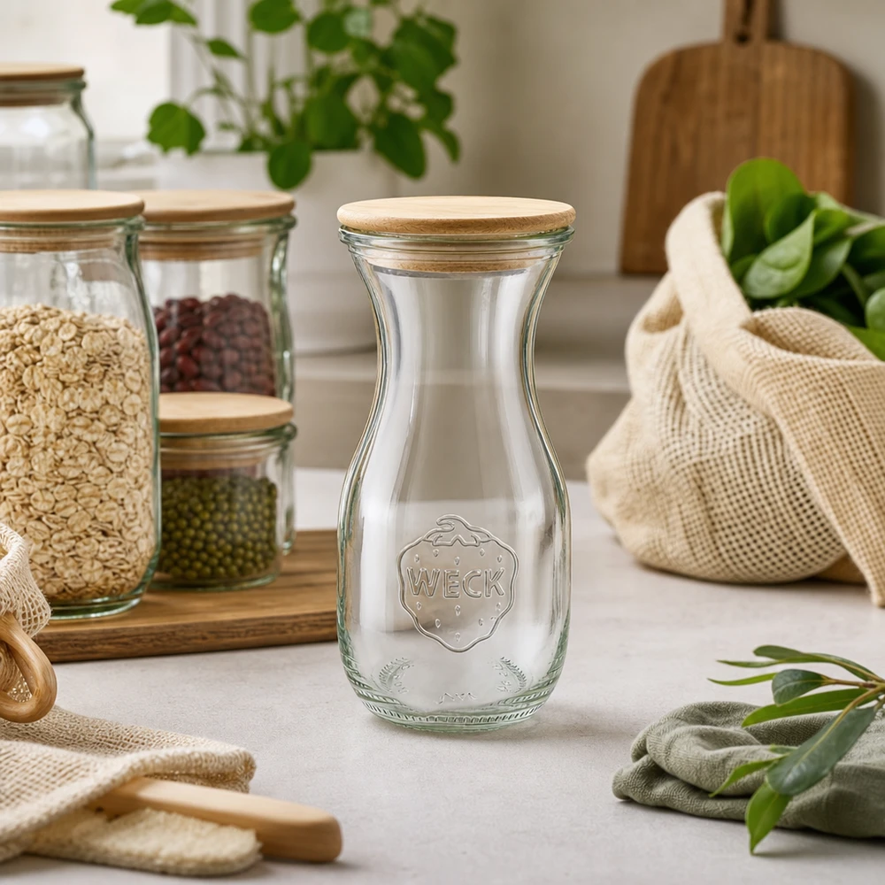 Botella de zumo de 290ml Edition RR60 con tapa de madera Botella de zumo WECK de 290 ml con tapa de madera en cocina de residuo cero con tarros de almacenamiento y bolsas de yute