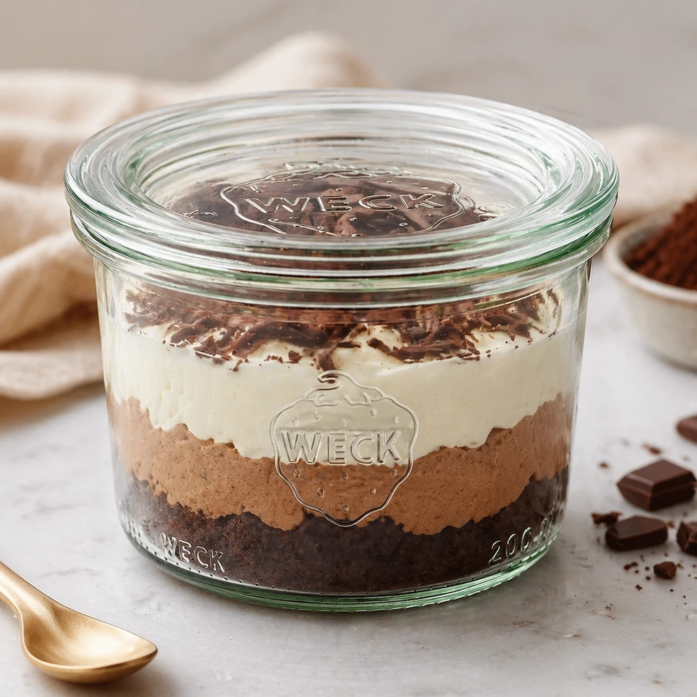 Los vasos WECK de 200 ml RR80 rellenos de capas de postre muestran un uso versátil como tarro de postre y cuenco para servir