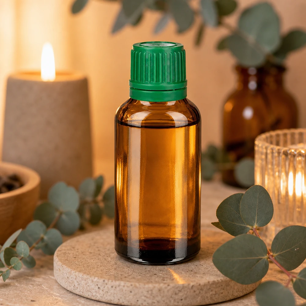 Frasco boticario de 30 ml de vidrio marrón con tapón verde de alta calidad para aromaterapia