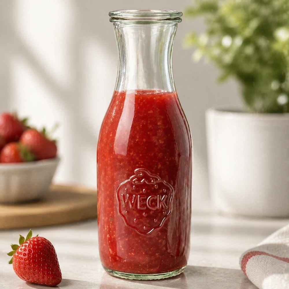 Botella para zumos de 1062 ml con tapa de cristal WECK RR60 Botella de zumo WECK de 1062 ml llena de zumo de fresa fresco en la encimera de la cocina junto a una fresa y una planta.