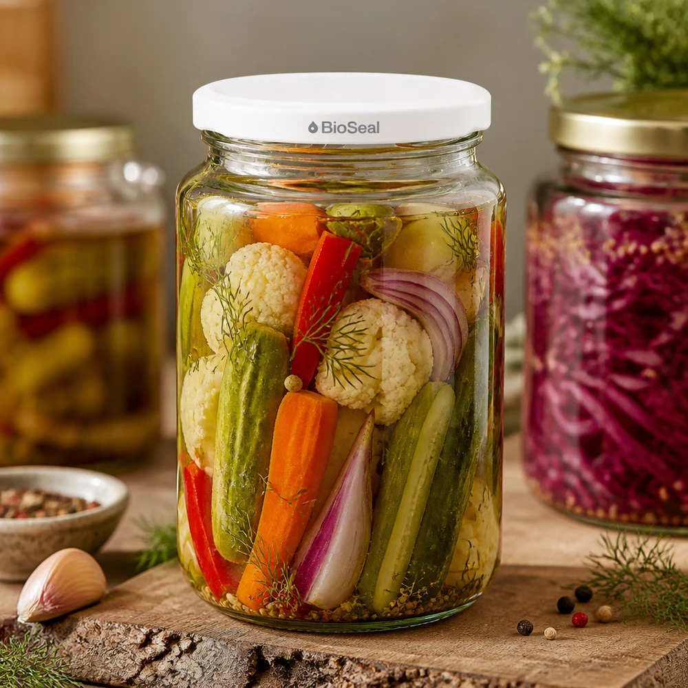 UNiTWIST Runda382 tarro lleno de verduras encurtidas - Mezcla de encurtidos en tarro de conserva con tapa blanca BioSeal
