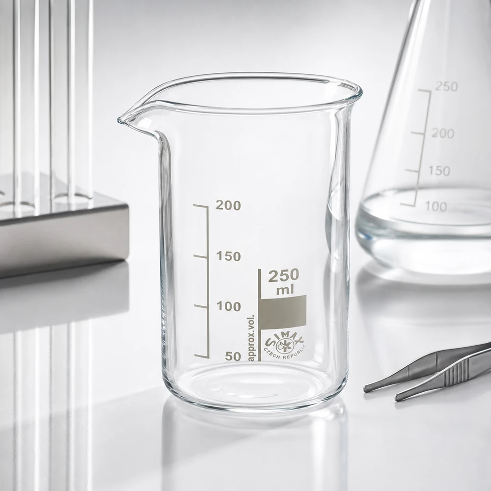 Vaso de precipitados Simax de 250 ml, de forma alta, de vidrio borosilicato, con pico vertedor, junto a un matraz de Erlenmeyer y unas pinzas