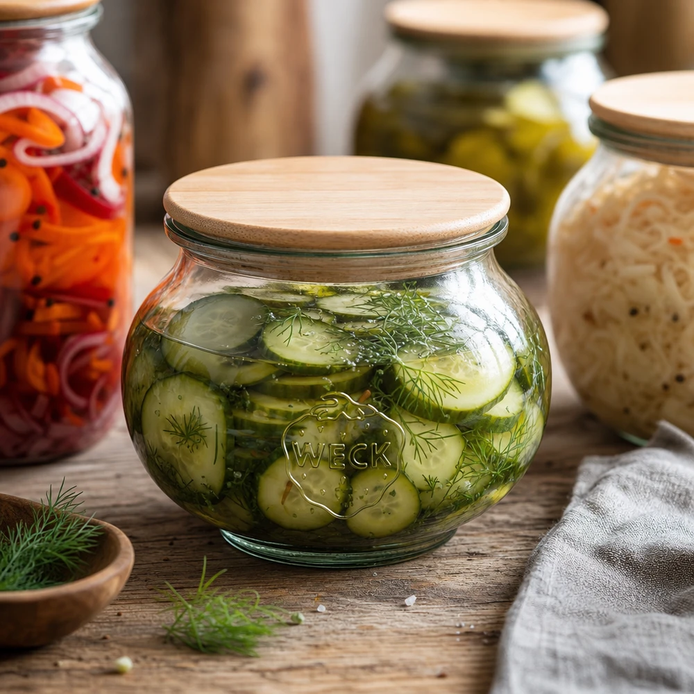 WECK tarro decorativo 560ml RR80 con tapa de madera lleno de pepino encurtido y eneldo en una cocina rústica de fermentación