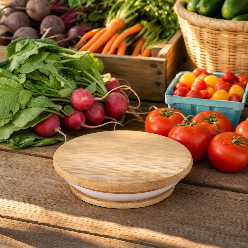 Tapa de madera (haya) sin impresión para WECK RR40 Tapa de madera WECK RR40 roble natural entre verduras frescas tomates rábanos zanahorias ambiente natural de cocina