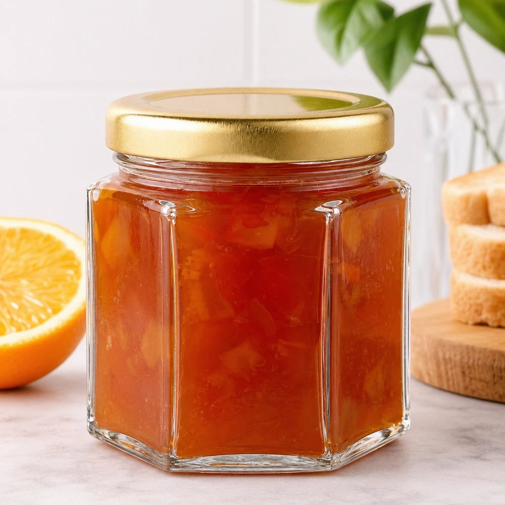 Tarro hexagonal de miel de 60 g relleno de mermelada de naranja junto a rodajas de naranja y pan tostado