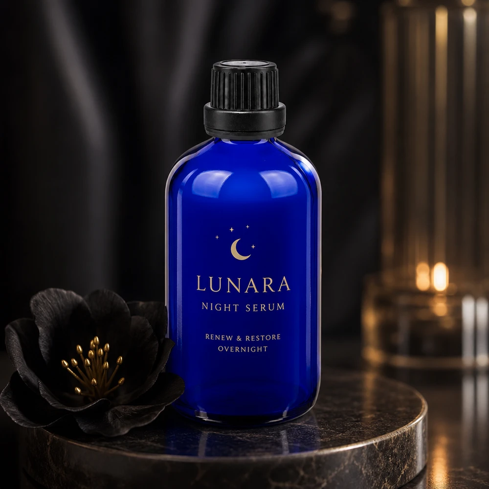 Frasco de cristal azul de 100 ml con tapón cuentagotas negro, como envase para el sérum de noche