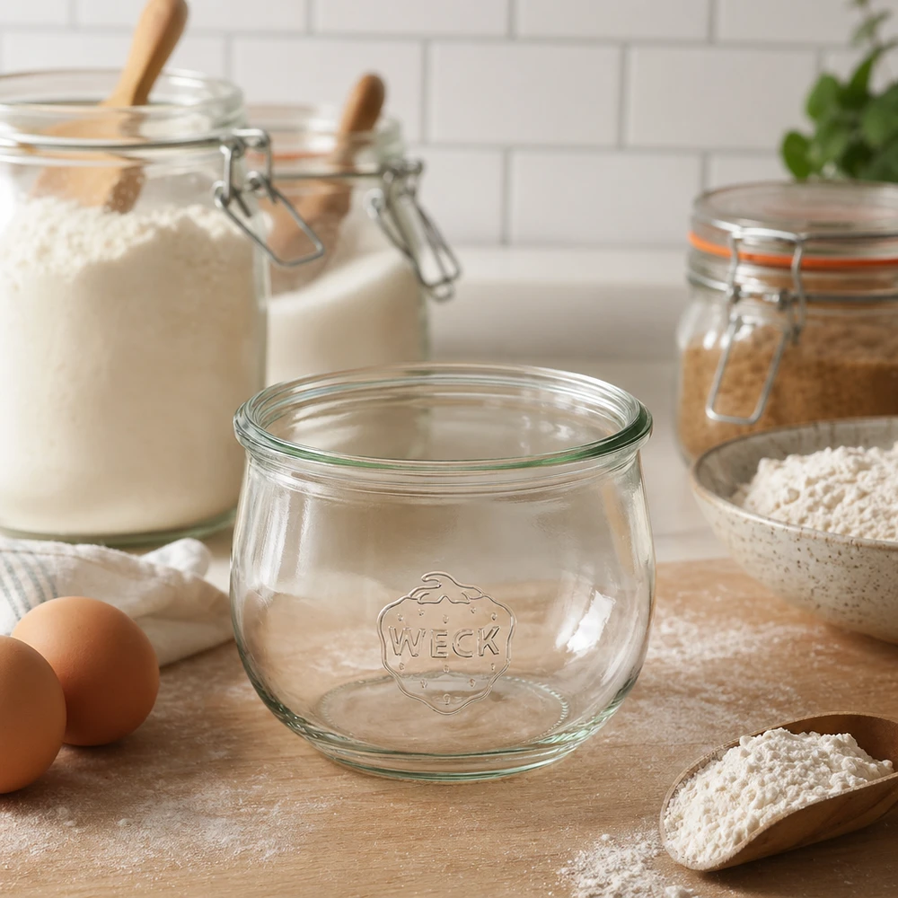 WECK tarro tulipán 580ml RR100 tarro de conserva en cocina con harina, huevos y tarros de almacenaje sobre encimera de madera