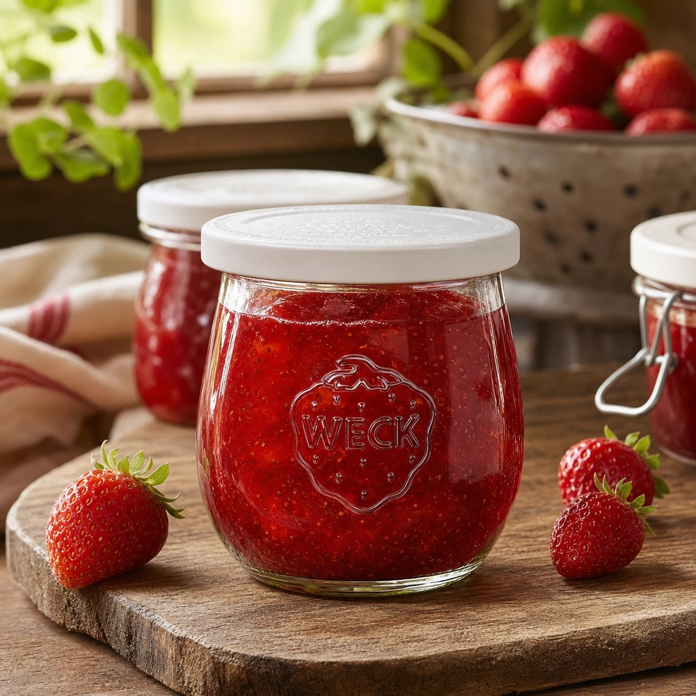 Tarro de tulipa de 220 ml con tapa hermética WECK RR60 WECK tarro tulipán 220ml RR60 relleno de mermelada de fresa sobre tabla de madera - tarro de conserva decorado en estilo de cocina rústica