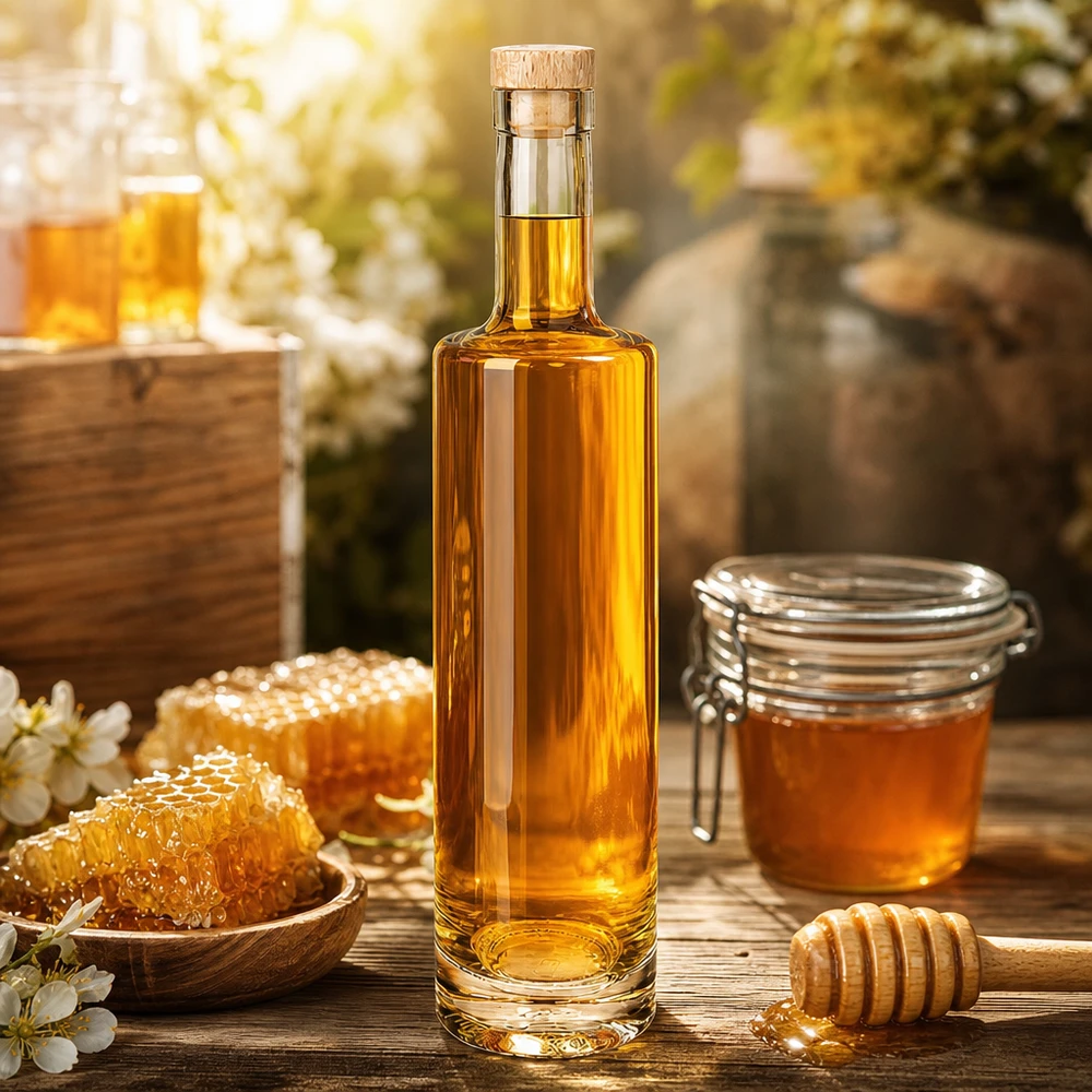 Botella de vidrio de 500 ml «Lina» con tapón de corcho con asa de madera UNiTWIST® Glasflasche Lina 500ml mit Honig befüllt neben Bienenwaben und Honigglas rustikale Küchendeko mit Holzkorken