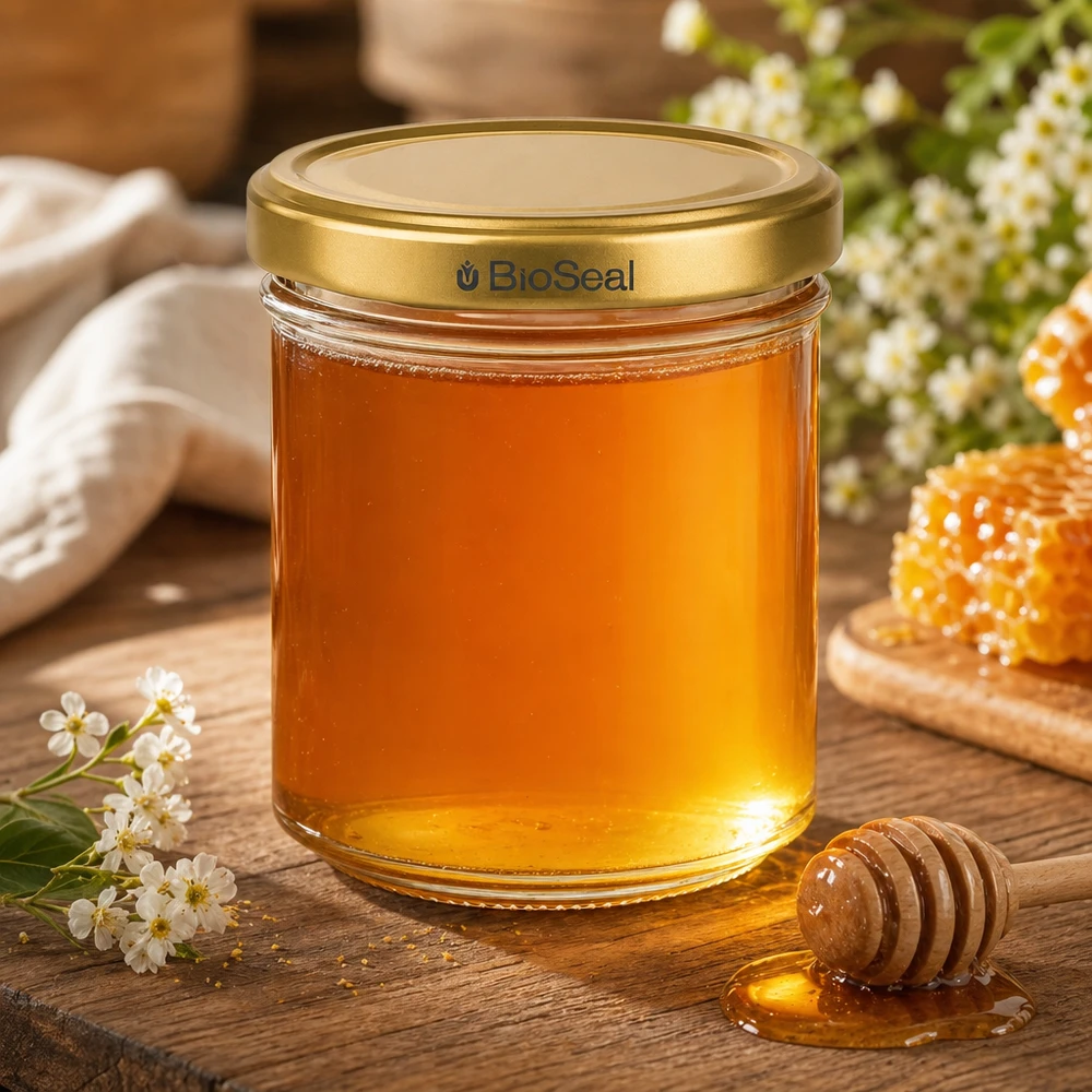 Tarro para miel de 200 g con tapa dorada BioSeal UNiTWIST BioSeal 200g tarro de miel lleno de miel de oro miel cuchara nido de abeja flores decoración rústica de madera