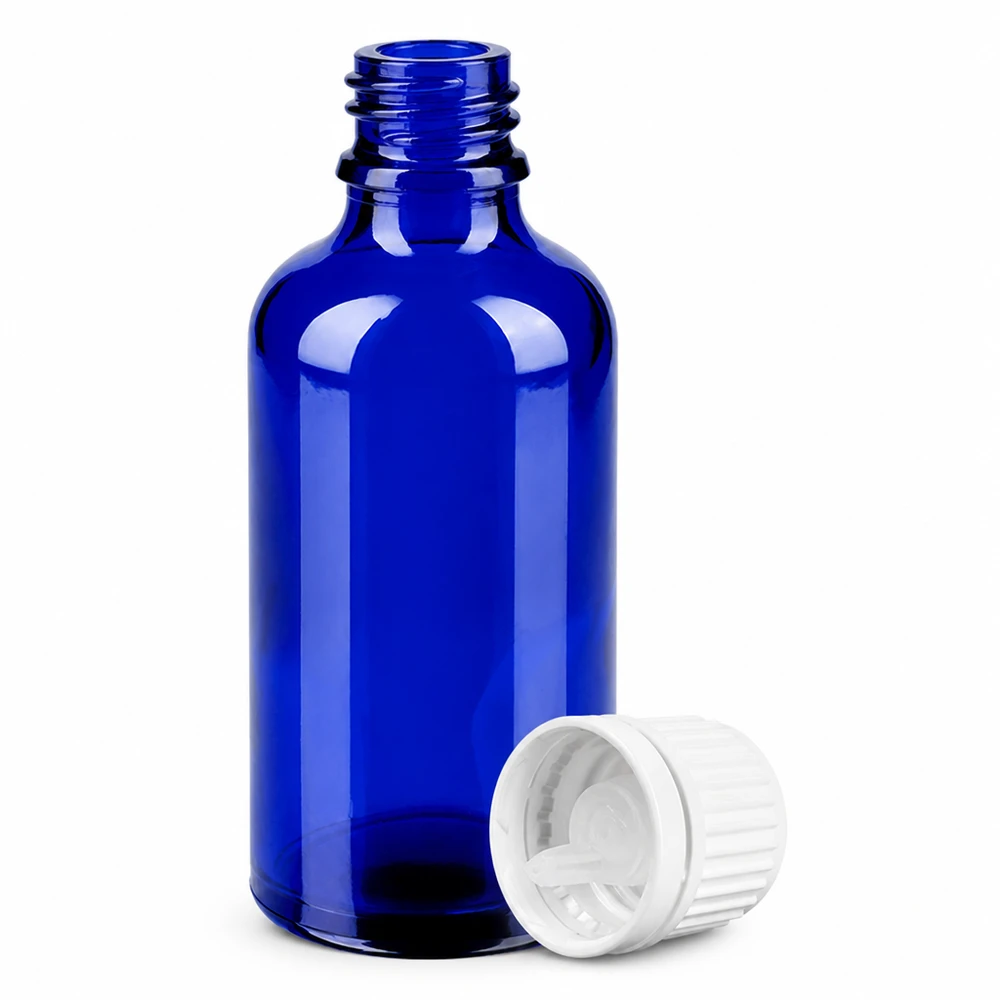 Frasco cuentagotas de 50 ml de vidrio de alta calidad en azul cobalto con cuentagotas de 0,7 mm de abertura UT18/50