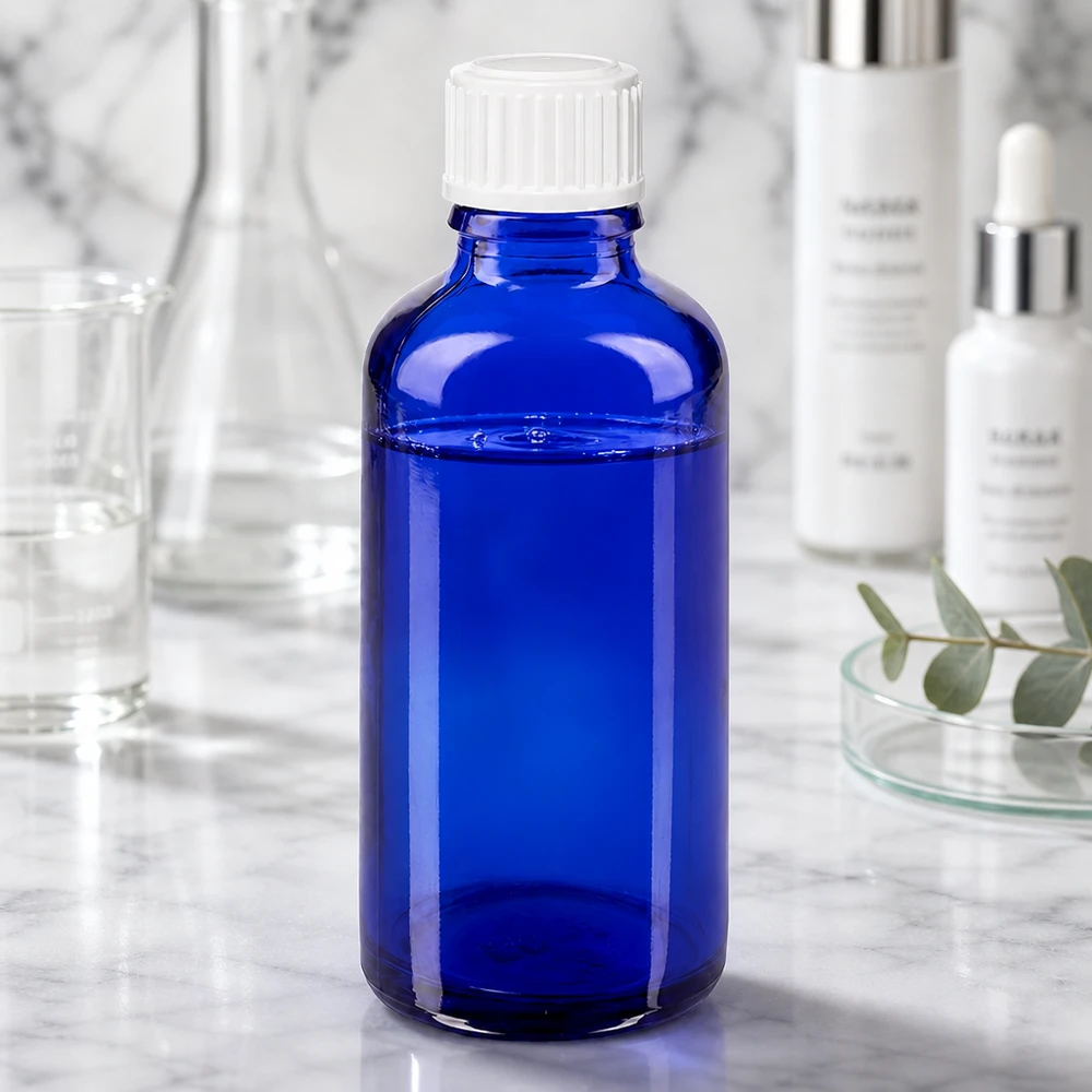 Botella de farmacia azul 50ml tapón cuentagotas blanco 0.8mm estándar Frasco cuentagotas ApoGlas azul de 50 ml con tapón blanco, situado entre el material de laboratorio y los productos cosméticos