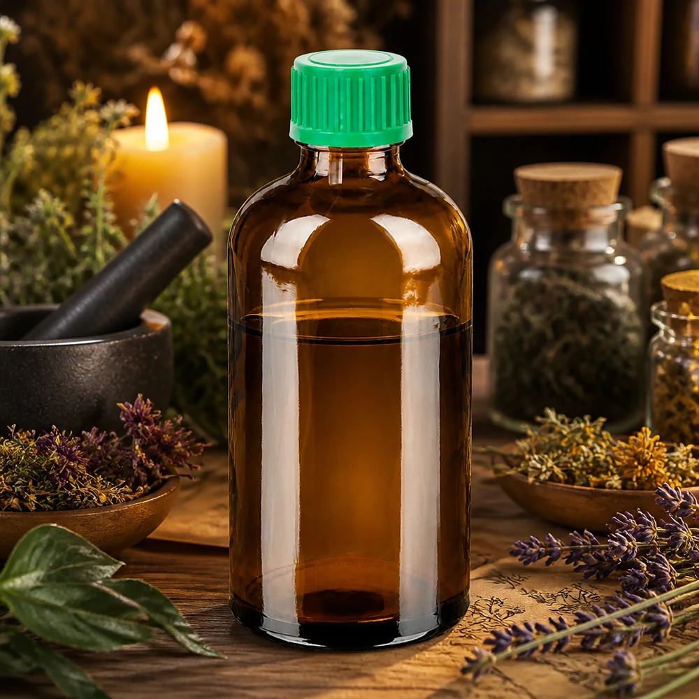 Botella de vidrio ámbar de alta calidad de 100 ml con rosca de 11 mm y tapón verde a prueba de manipulaciones