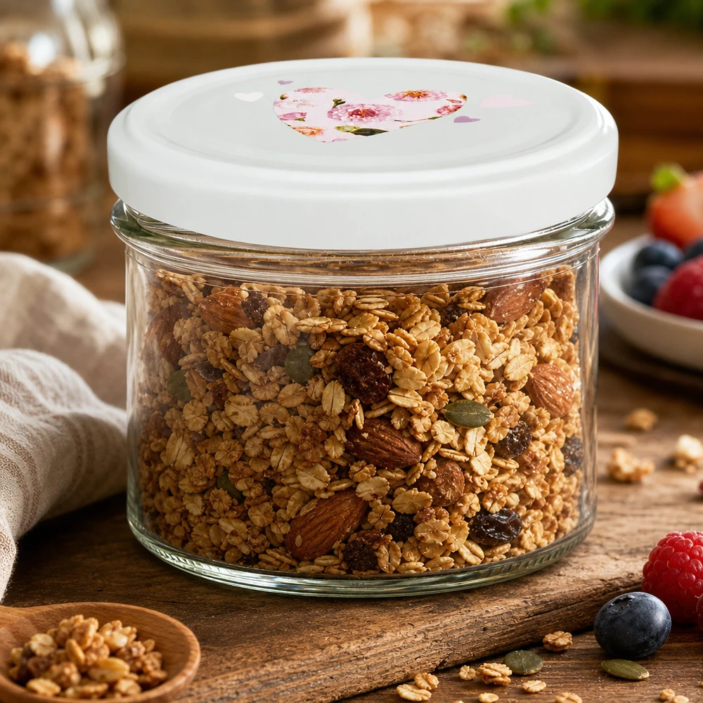 El tarro de menta con tapa BasicSeal de 225 ml lleno de muesli y frutos secos demuestra la retención hermética de la frescura
