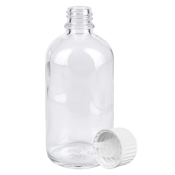 Frasco cuentagotas de 100 ml con tapón estándar blanco de 0,9 mm ClearLine UT18/100 Frasco de cristal vacío de 100 ml con tapón cuentagotas blanco a prueba de niños y abertura de 0,9 mm, serie ClearLine