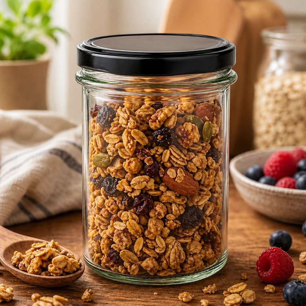 El tarro negro BasicSeal de 230 ml lleno de muesli con mezcla de frutos secos muestra un almacenamiento versátil para aperitivos de frutos secos