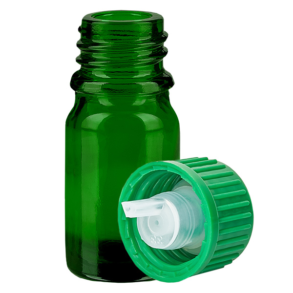 Frasco cuentagotas de 5 ml 0,8 mm verde Cierre estándar GreenLine UT18/5 Frasco cuentagotas de 5 ml 0,8 mm verde Cierre estándar GreenLine UT18/5