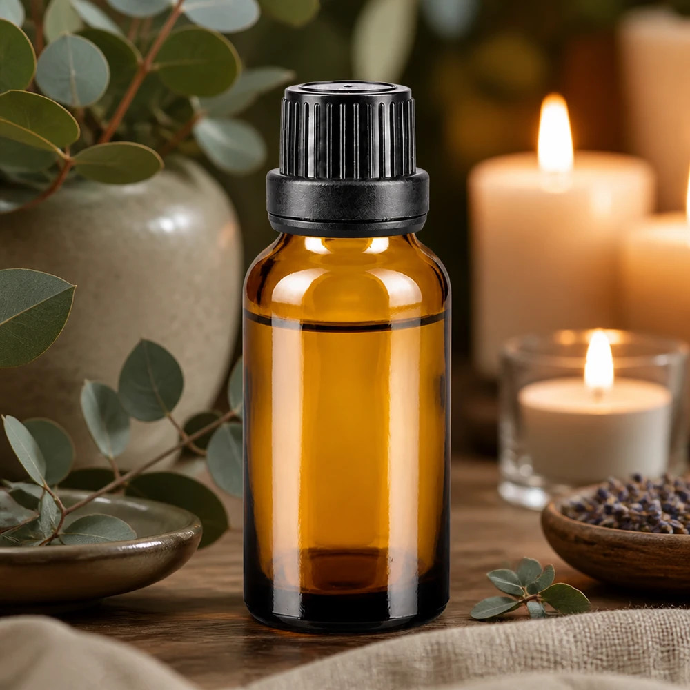 Frasco de farmacia marrón de 20 ml con tapón OV negro y abertura cuentagotas de 2 mm para aceites esenciales