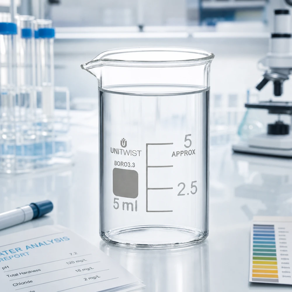 Vaso 5ml borosilicato, forma baja UNiTWIST Vaso de precipitados UNiTWIST de 5 ml, de borosilicato 3.3, de perfil bajo, con informe de análisis del agua realizado en laboratorio